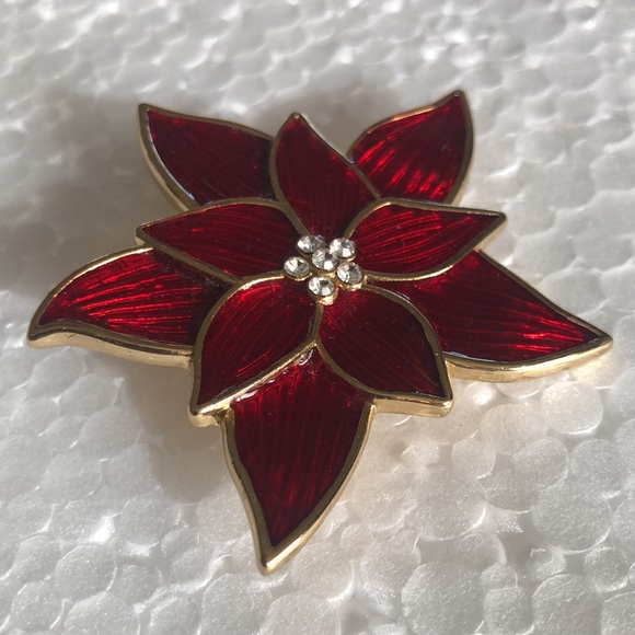 2” Candy Apple Red Poinsettia & Rhinestone Christmas Brooch Pin Gold Tone - Picture 5 of 5